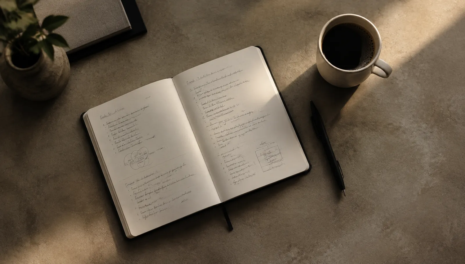 An open notebook with handwritten notes beside a cup of coffee