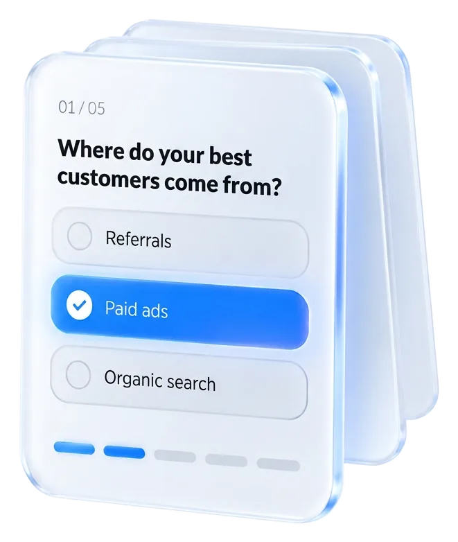 Quiz question screen from the 5 Minute Growth Diagnostic showing a multiple choice question with three answer options